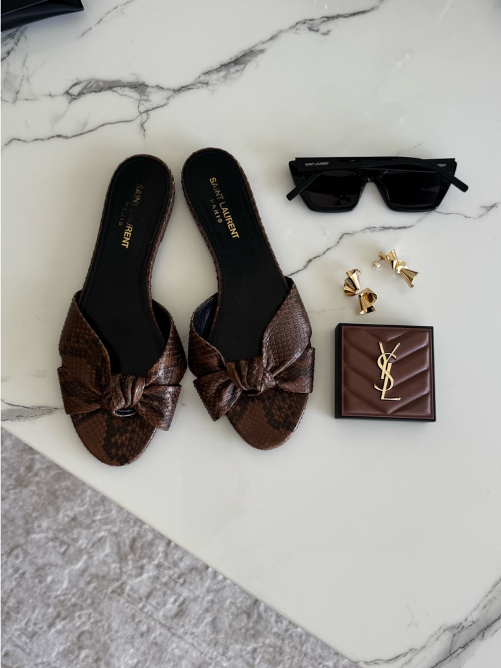 Yves Saint Laurent Brown Snakeskin Knot Slide Sandals